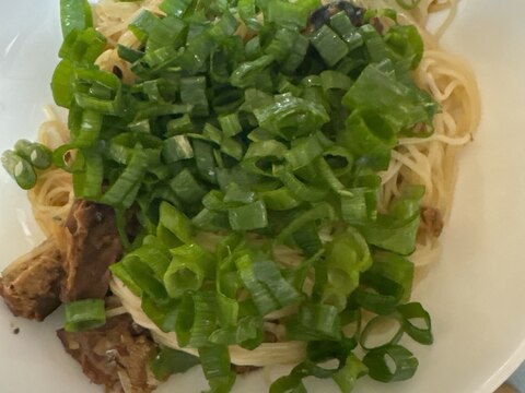 ネギたっぷり、サバの味噌煮入そうめんいため